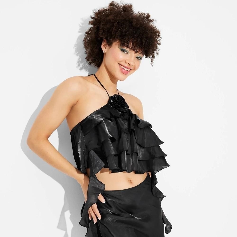 Women's Satin Ruffle Rosette Halter Top - Wild Fable Black XXS: Backless